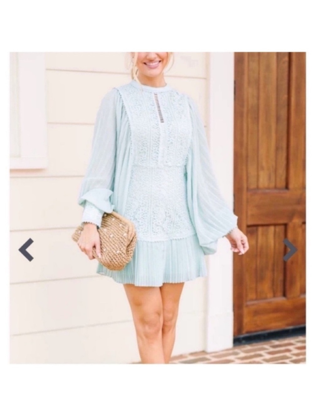 Fate Pleated volume bat wing sleeve lace crochet mini dress pastel mint green